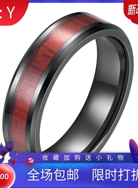新款欧美ins复古简约6MM黑色木纹戒指情侣简约学生时尚个性百搭女