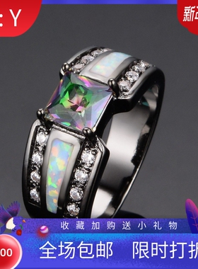 新款欧美跨境黑金白澳宝炫彩方钻对称戒指男士个性夸张戒指环