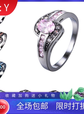 新款黑金10KT椭圆锆石戒指女指环椭圆形环时尚白色黑色珠宝古董女