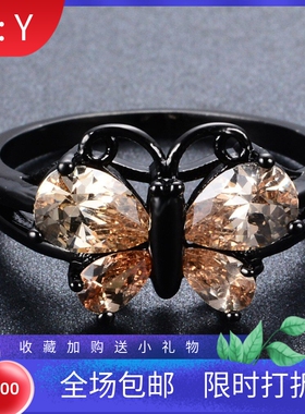 新款 黑金蓝锆石蝴蝶戒指 小动物