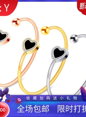 新款欧美亚马逊简约15MM开口手镯时尚不锈钢滴油镶钻爱心钛钢手环