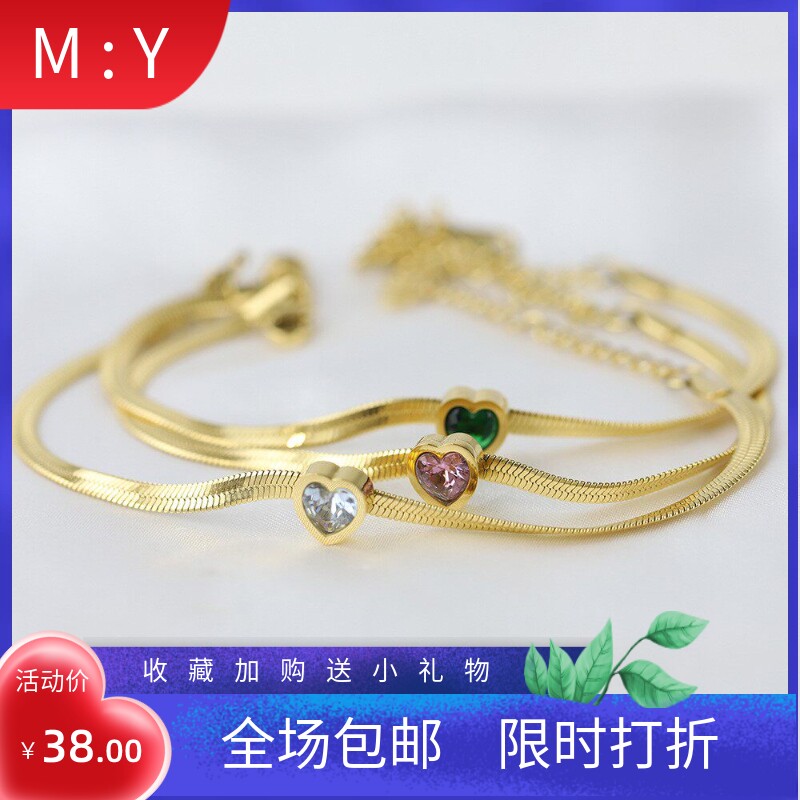 新款欧美时尚百搭14K金不锈钢镶单钻绿 白 粉色爱心锆石蛇链手链