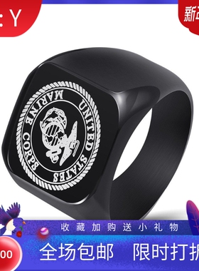 新款欧美钛钢光面戒指可印Logo不锈钢18MM方形美国海军陆战队戒指