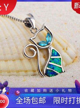 新款 ins风  爆款澳宝蓝色小猫咪项链小猫吊坠饰品镶进口欧泊