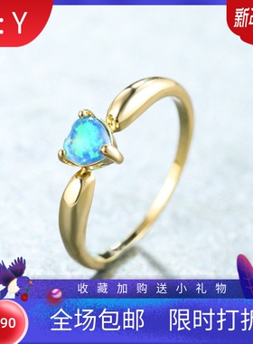新款欧美跨境饰品ins金色爱心蓝澳宝戒指女时尚简约冷淡风食指戒