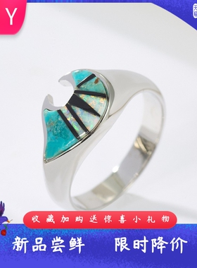 新款欧美海洋风天然拉利玛海纹石拼接戒指S925银复古轻奢火彩指环
