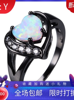 新款女性白色火蛋白石的心与澳宝戒指黑色金戒指承诺订婚戒指