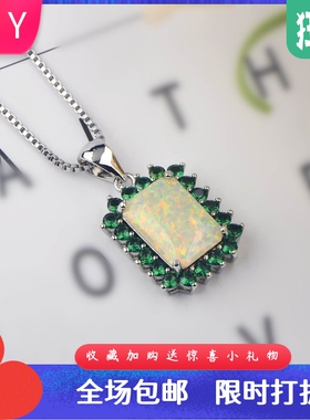 新款 项链女白色澳宝方形复古项链欧式吊坠毛衣链欧珀