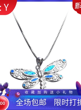 新款跨境欧美时尚个性925银蓝色澳宝蝴蝶吊坠项链女式气质百搭锁