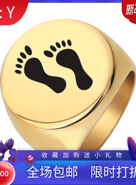 新款跨境亚马逊 22MM圆形刻字母亲节礼物母子脚印不锈钢戒指