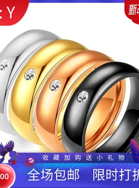 新款欧美跨境ins热卖5MM个性简约光面不锈钢镶钻戒指男女情侣对戒