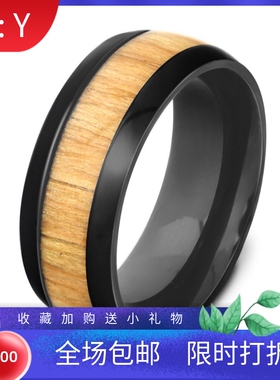 新款欧美个性简约不锈钢双边8mm木纹戒指时尚网红不锈钢戒指饰品