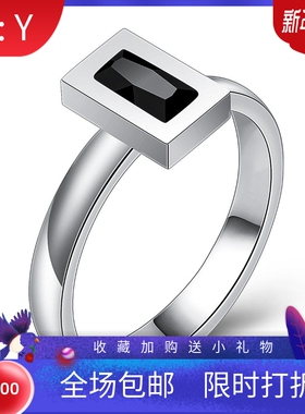 新款厂家 欧美简约6MM钛钢镶黑方形水晶戒指个性时尚百搭指环饰品