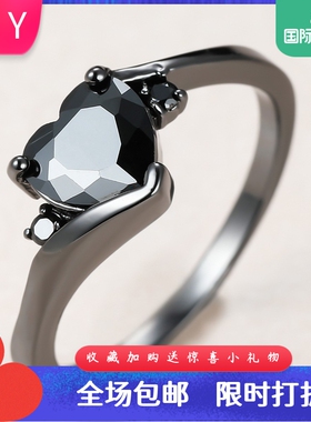 新款跨境热卖七彩色锆石黑色戒指女澳宝指戒亚马逊创意百搭款饰品