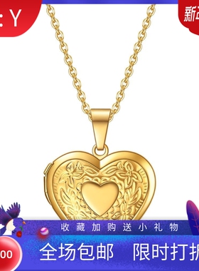 新款亚马逊不锈钢个性心形花纹可打开相框纪念钛钢吊坠镀18K项链