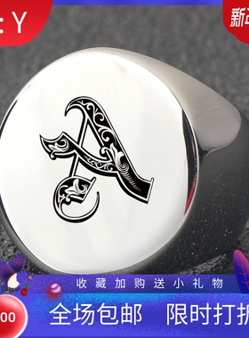 新款亚马逊热卖 欧美圆形22MM不锈钢戒指26首字母复古简约指环女