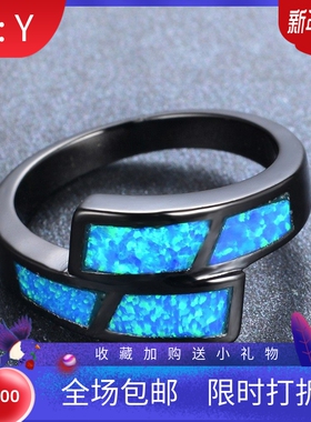 新款跨境欧美亚马逊个性黑金蓝色澳宝女式简约百搭戒指节日礼物