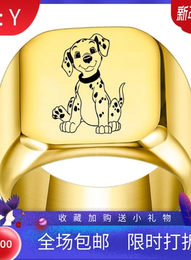 新款不锈钢戒指哈巴狗斑点狗钛钢18MM正方形光面指环可激光Logo女