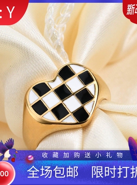 新款欧美ins情侣爱心14MM时尚创意指环拼接黑白棋盘格304钛钢戒指