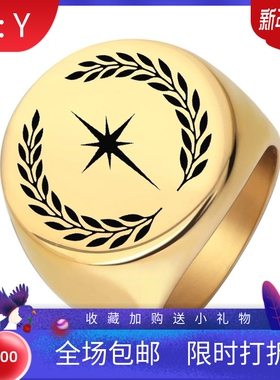 新款欧美跨境热卖22MM圆形简约树叶五角星男士戒指复古时尚个性女