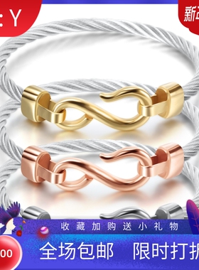 新款欧美跨境简约个性手镯10MM电缆线鱼钩形钛钢不锈钢三色手镯女