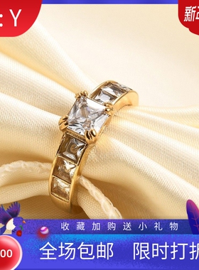 新款欧美跨境ins简约18K镀金7MM方形镶锆情侣不锈钢钛钢戒指