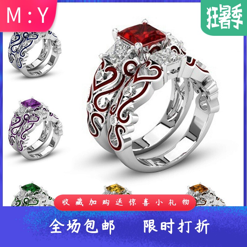 新款欧美方钻红水晶订婚戒指 欧美红色宝石滴胶套戒