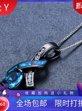 新款跨境澳宝+椭圆形水蓝色钻吊坠项链 40+4CM厂家