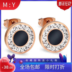 新款欧美12MM创意几何圆形钛钢镶钻滴胶耳钉时尚简约女不锈钢