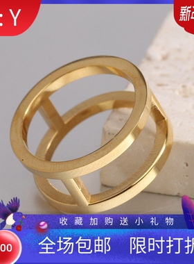 新款欧美热卖简约双圈镂空钛钢戒指工字指环10MM时尚百搭指环