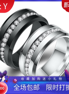 新款厂家 不锈钢单排镶钻8MM戒指黑白钛钢对戒时尚百搭可刻字激光