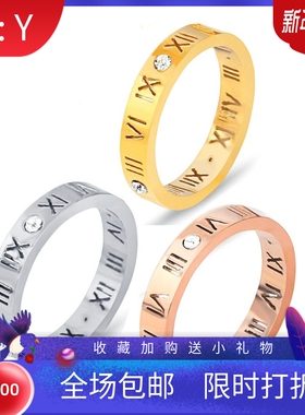 新款厂家 欧美时尚简约4MM镂空古罗马数字镶钻不锈钢戒指指环饰品