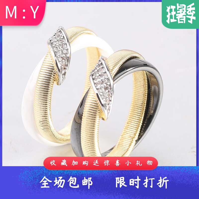 新款欧美跨境陶瓷镶斜钻戒指镀金8MM黑白情侣戒指双环对戒百搭女