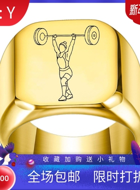 新款欧美个性举重运动员图案钛钢戒指男复古朋克方形18MM四色潮男