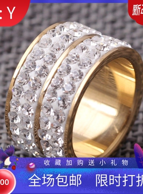 新款欧美ins时尚个性夸张潮男钛钢戒指 双排12mm镶钻不锈钢戒指女