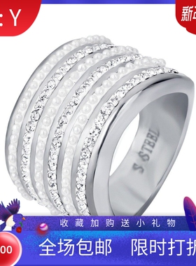 新款厂家 欧美跨境个性优雅夸张镶钻珍珠钛钢戒指 女士不锈钢戒指