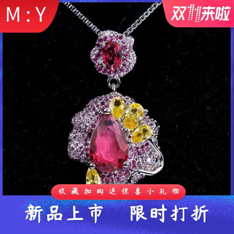 新款欧美风爆闪满钻彩色花形吊坠轻奢镶钻复古风水晶宝石花瓣项链