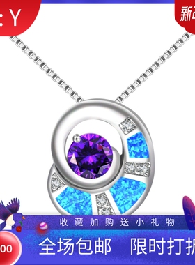 新款 ins风 爆款澳宝蓝色旋涡项链吊坠饰品镶进口欧泊