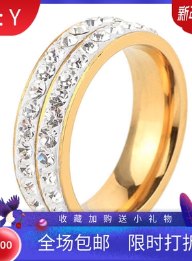 新款欧美简约两排6MM陶泥镶钻钛钢戒指 不锈钢女百搭戒指厂家