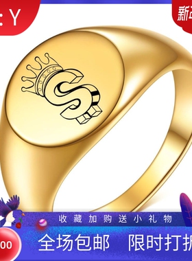新款欧美跨境12MM圆形刻字美元美金皇冠圆形18K金潮流戒指时尚女