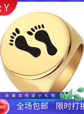 新款跨境亚马逊 22MM圆形刻字母亲节礼物母子脚印不锈钢戒指