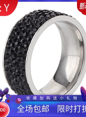新款蓝黑灰三色戒指8MM 5排钻欧美时尚满钻戒指学生个性百搭配饰