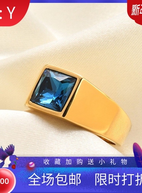 新款欧美跨境不锈钢18K金方形镶锆多色指环个性复古不锈钢戒指女