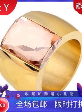 新款欧美复古时尚宫廷扳指钛钢14MM宽不锈钢拉丝镶水晶戒指女士