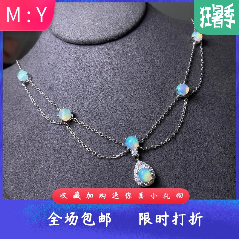 纯天然项链晶体干净满满的火彩主石5*5mmS925银精工镶嵌欧泊