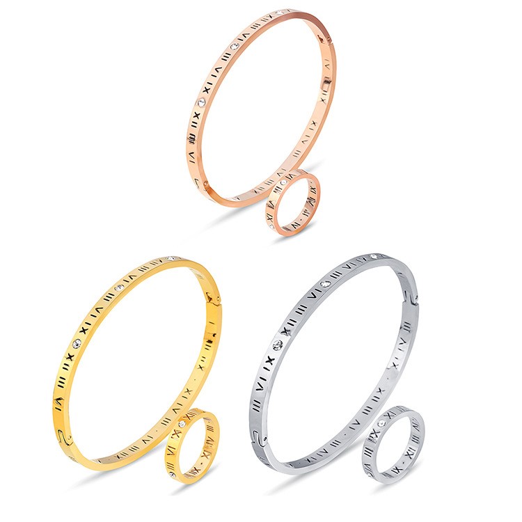 新款欧美亚马逊热卖304不锈钢罗马数字手镯戒指套装镶钻镂空套装