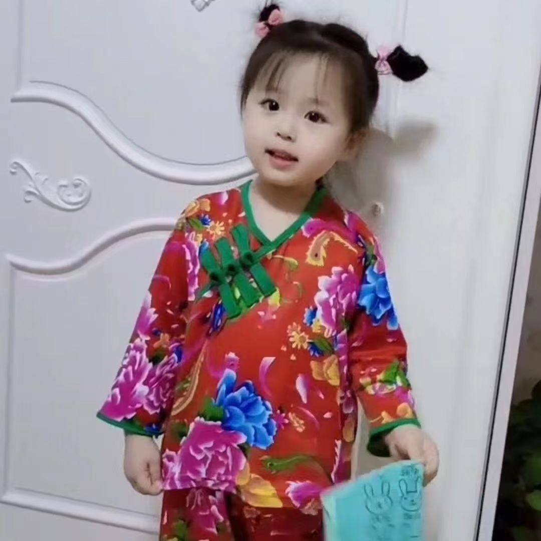 儿童款东北大花家居服两件套秋冬新款中国风V领盘扣德绒睡衣+睡裤