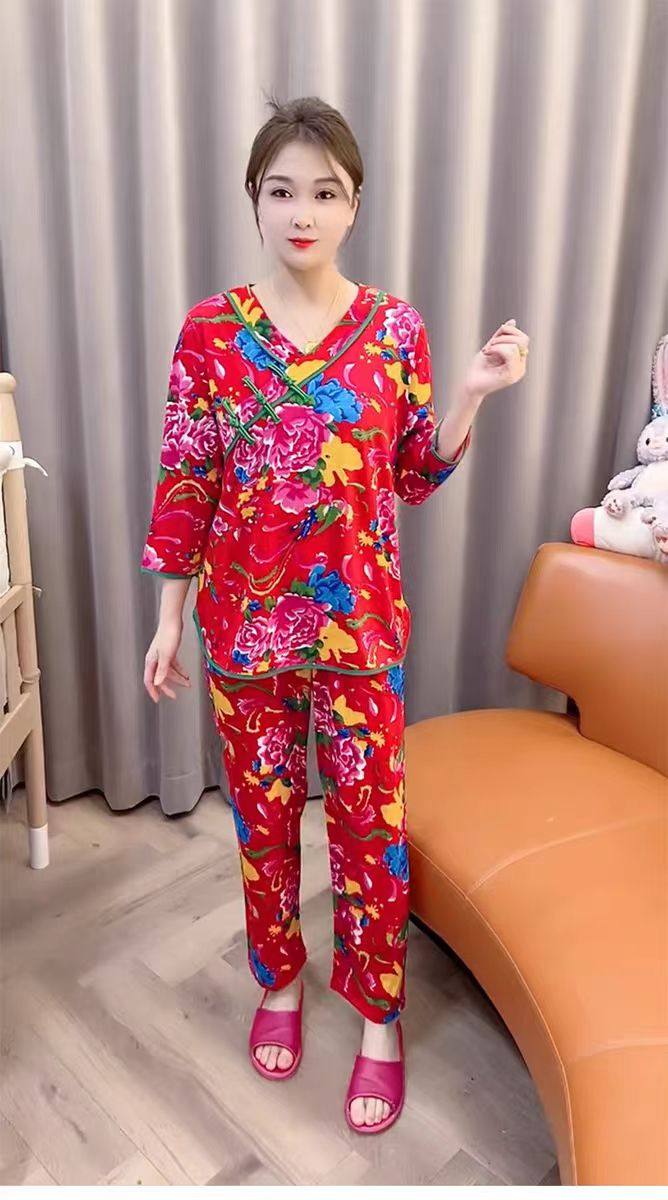 东北大花德绒宽松睡衣女春季长袖套装民族风薄家居服可外穿