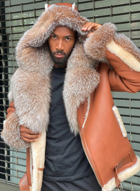 Ecological characteristic fur coat大毛领原生态重工猎装皮大衣