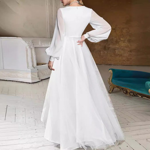 新款欧美气质优雅纯色V领修身长袖收腰女士长款连衣裙